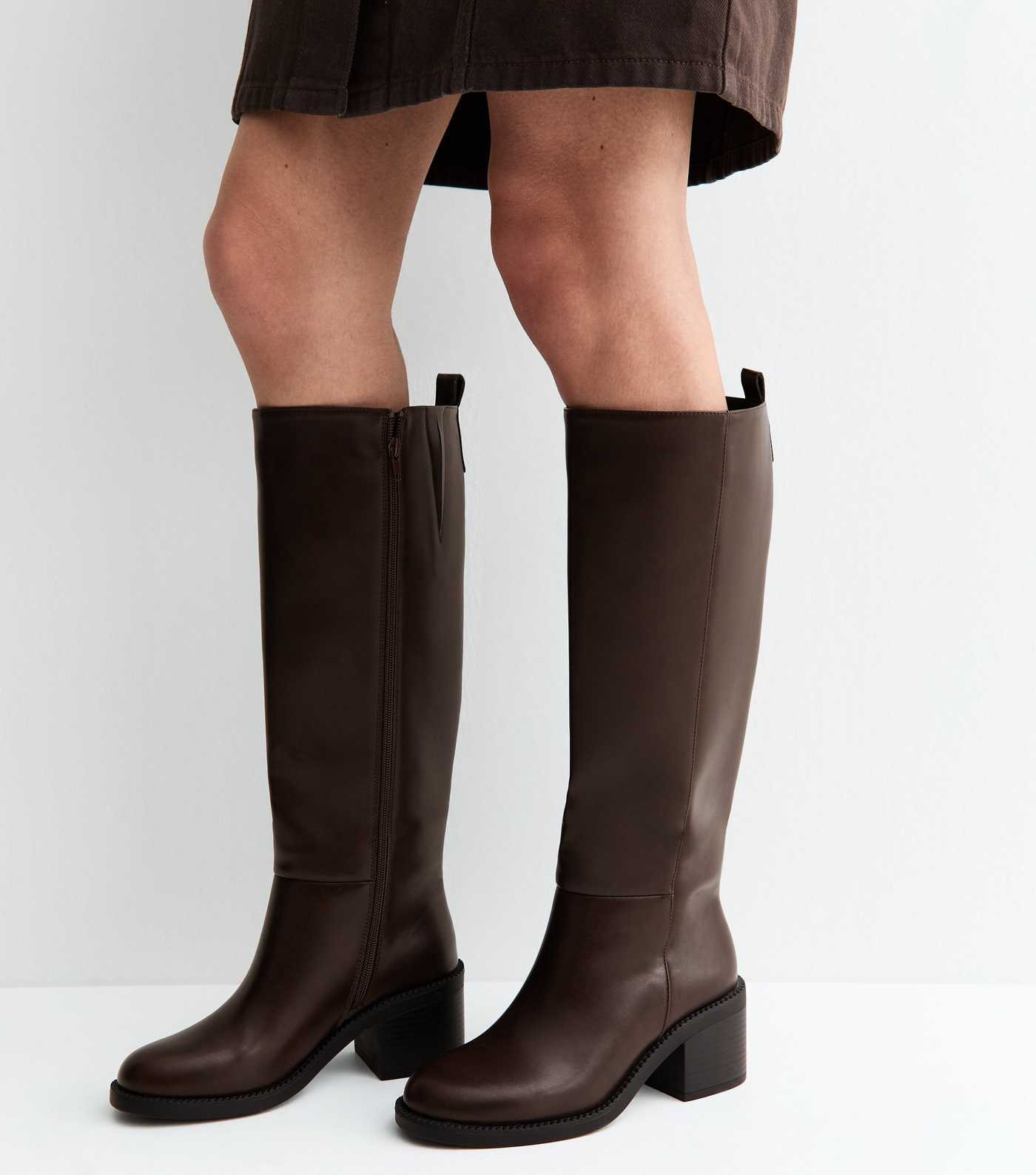 Dark Brown Faux Leather Stacked Heel Tall Boots | New Look | New Look (UK)