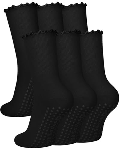 Black Grip Pilates Socks for Women, Ruffle Non Slip Yoga Socks Athletic Ballet Barre Dance Workout Crew Socks | Amazon (US)