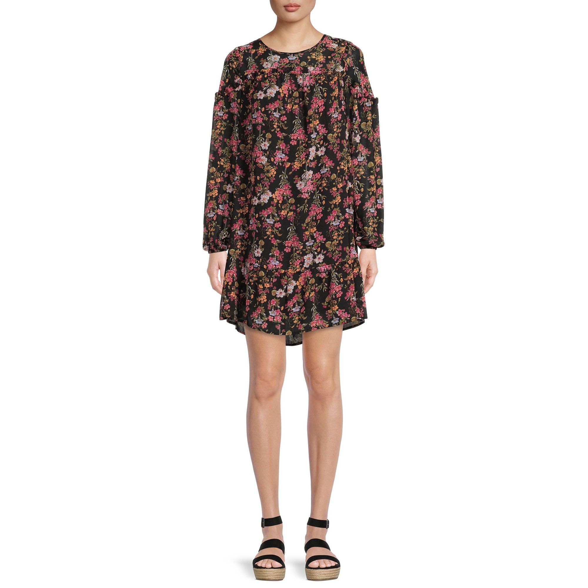 Time and Tru Women's Ruffle Dress with Long Sleeves | Walmart (US)