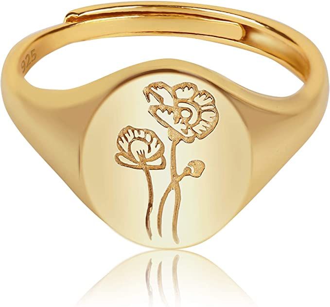 YeGieonr Gold Signet Ring with Flower Engraved, Adjustable 925 Sterling Silver Rings,Handmade Gol... | Amazon (US)