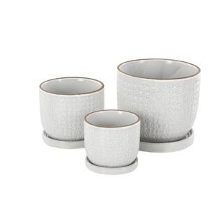 7 in., 5 in., and 4 in. Small White Ceramic Abstract Circle Patterned Planter with Brown Accents and Base Tray (3- Pack) | The Home Depot