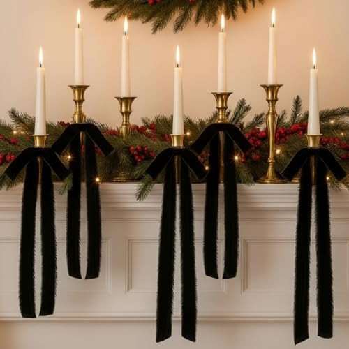 Mindsoft 12 Pcs Velvet Christmas Bows Candle Holder Decoration Large Raw Edge Pre-Tied Bow 7.1"x15.7" Vintage Fringe Ribbon Handmade Bow for Christmas Tree Candlestick Rustic Gift Wrapping(Black) | Amazon (US)