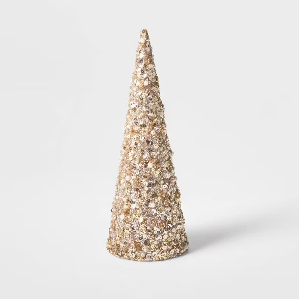 Small Sequin Tree Cone with Beads Decorative Figurine Gold - Wondershop™ | Target