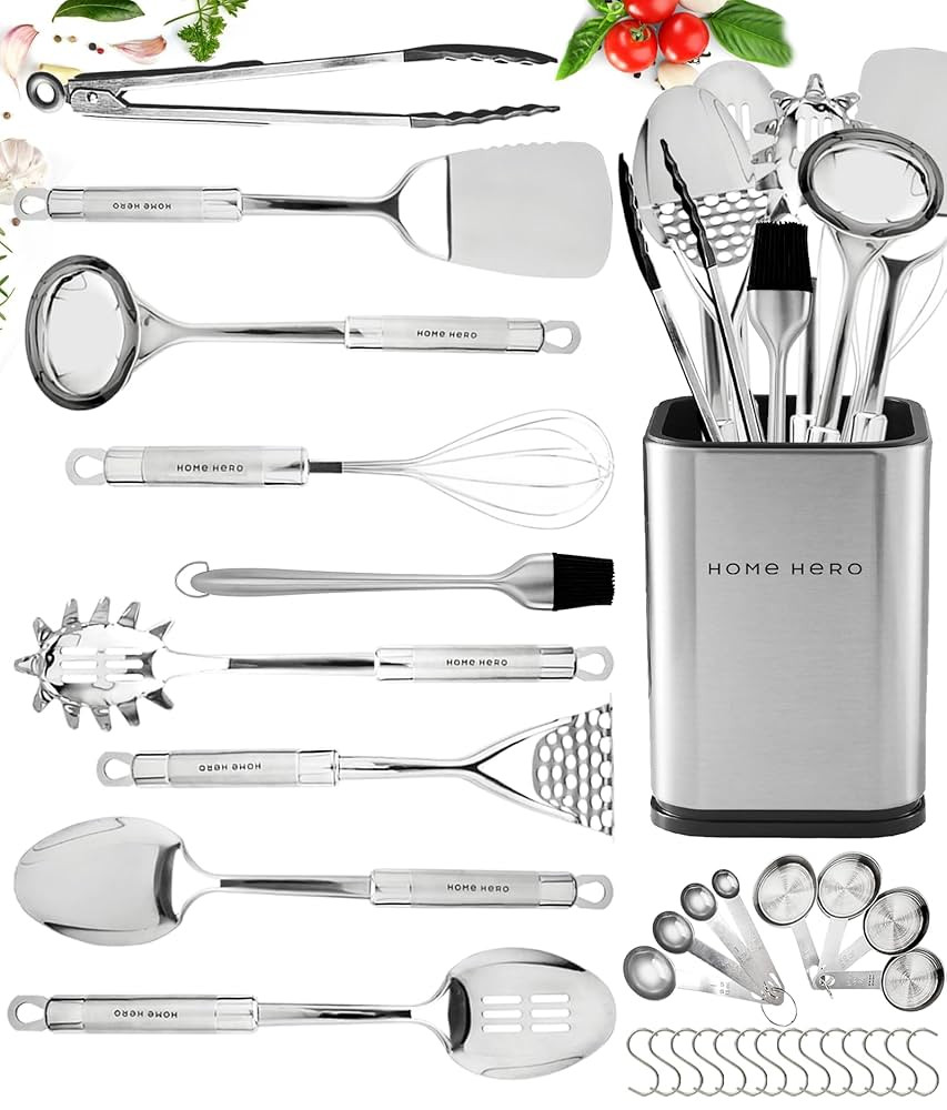 Home Hero 32 Pcs Stainless Steel Kitchen Utensils Set - Nonstick Stainless Steel Cooking Utensils... | Amazon (US)