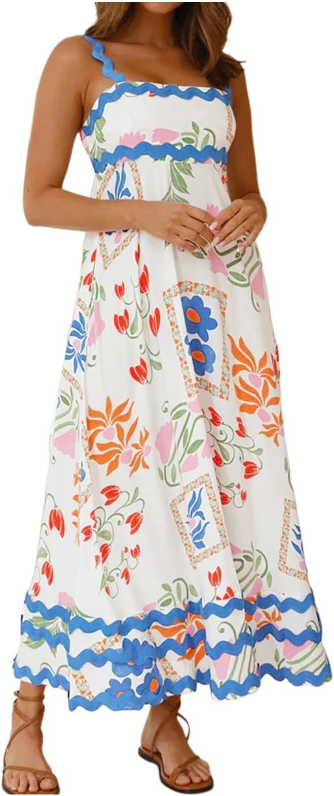 Floral Maxi Dress Women Spaghetti Strap Long Dress Flowy Boho Sleeveless Loose Beach Dress | Amazon (US)