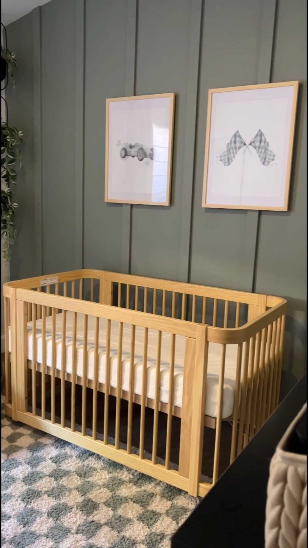 All nursery details linked! 

Crib is the wave crib from nestig 
Rattan car was a homegoods find!
Wall color is evergreen fog Sherwin Williams
