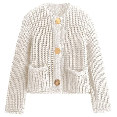 Yimoon Women's Cropped Cardigan Sweaters Button Down Chunky Knit Sweater Long Sleeve Fall Open Front Cardigan(Beige-XS) | Amazon (US)