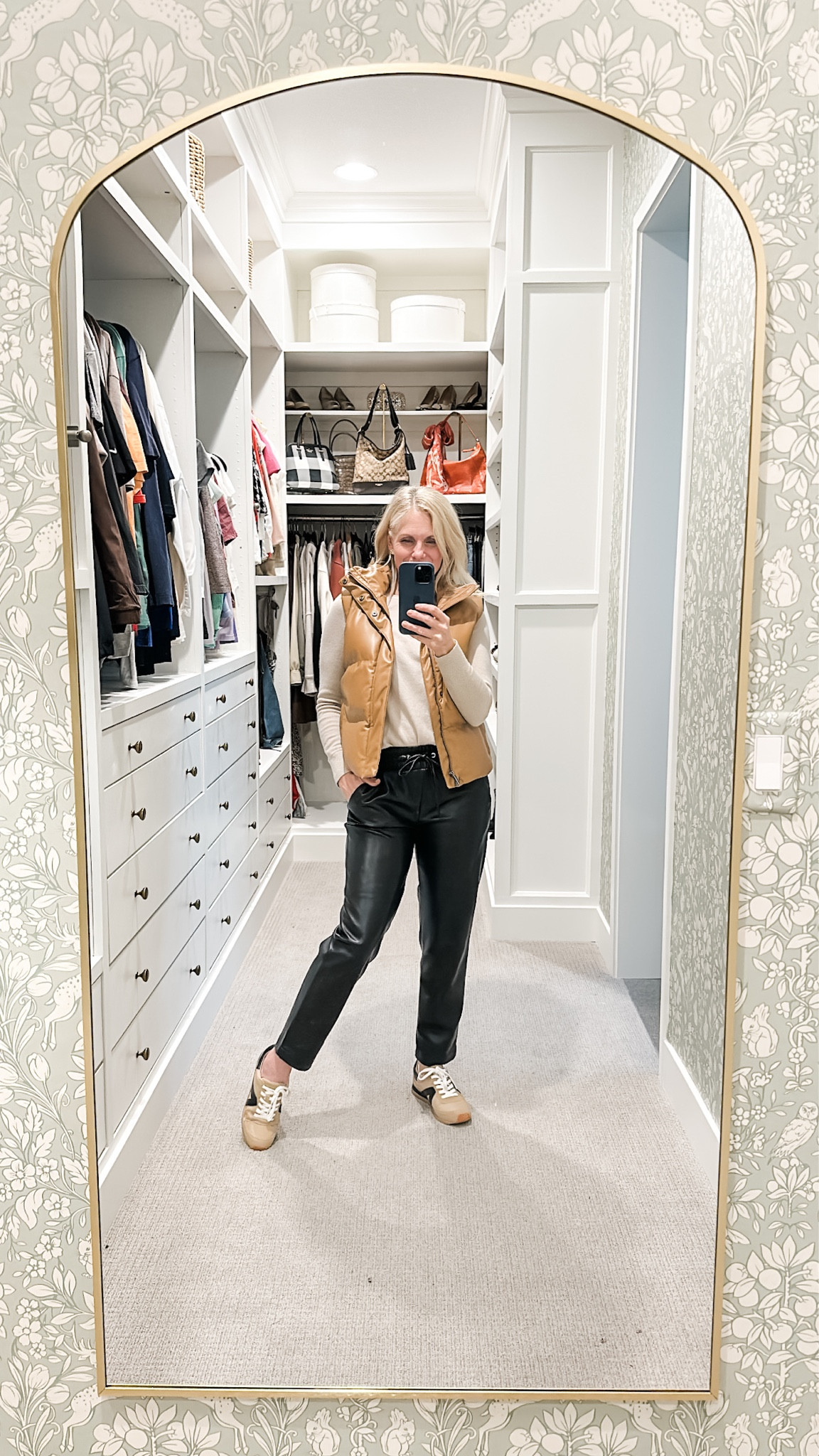 Arched gold mirror, tan sneakers, black faux leather pants

#LTKhome #LTKover40 #LTKfindsunder100