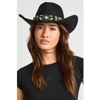 boohoo Women's Turquoise Beaded Trim Western Cowboy Hat in Black | Denim | boohoo (US & Canada)