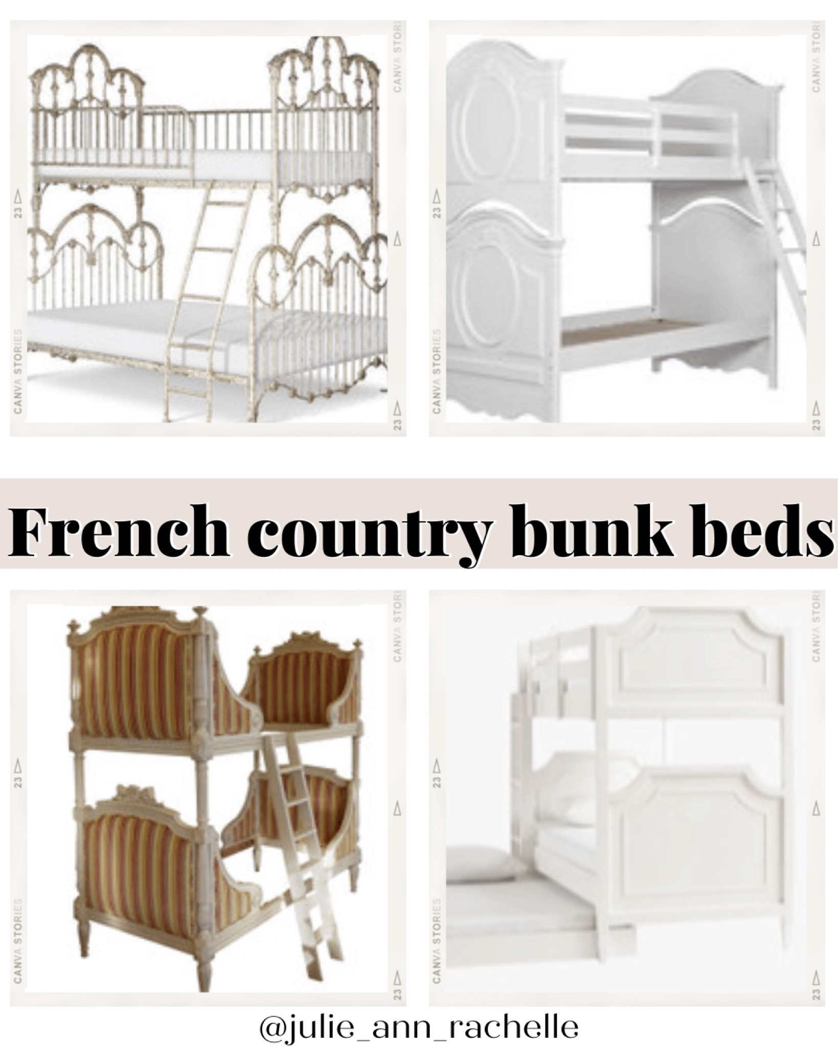 Kids room bunk beds in French country style
1. The Corsican Bunk Bed comes in a strong metal frame and finished off with flower details that will bring any room to life. 

85" Overall Height
14" Guard Rail Height
12 3/4" Ladder Width
2" Step Depth
Shown in Deluxe finish #56 Golden Cream
Twin over Full
Width 63.5", Length 78"

2. SweetHeart Youth Twin Bunk Bed w/ LadderSweetHeart Twin Bunk Bed w/Ladder

3. Louis XVI Style Bunk Beds/Matching Pair of Single Beds Made by La Maison London

4. Inspired by the glamorous furniture from Hollywood's Golden Age, the Ava Regency Collection is a classic for a reason. Artful curves, appliqué trim inserts and tapered feet are masterfully crafted throughout the collection to bring a cohesive look to the room. Each piece is constructed from made-to-last materials to ensure safety, stability and longevity.
HOW IT IS CONSTRUCTED
Expertly crafted from solid poplar wood, pine wood, engineered wood and MDF (medium density fiberboard).
Slat-roll foundation; do not use a box spring on either bunk.
Kiln-dried wood helps prevent warping, splitting, cracking and developing mildew.
Our exclusive finishes are applied by hand for exceptional richness, durability and depth of color.
GREENGUARD Gold Certified to contribute to healthier indoor air, keeping you and your family safer.
DETAILS THAT MATTER
This bunk bed can be converted into two separate beds.
Optional trundle (sold separately) can be used under lower bunk without a mattress for extra storage.
Includes 2 guardrails for the top bunk and a solid wood ladder.
Ladder can be built on either the right or left side of the bunk.
A bunk mattress (sold separately) must be used on both the upper and lower bunks.
Create your dream space and see how this product fits in 3D. Build your space using real world dimensions with Design Crew.

Other links include: 
6. Louis XVI Style Bunk Beds/Matching Pair of Single Beds Made by La Maison London

7. Kids twin over twin bunk bed



#LTKfamily #LTKhome #LTKkids