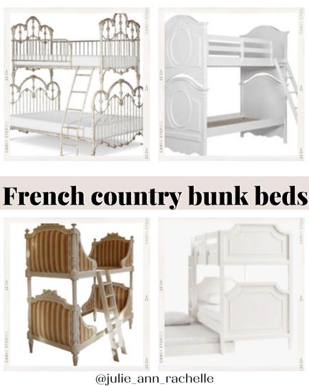 Kids room bunk beds in French country style
1. The Corsican Bunk Bed comes in a strong metal frame and finished off with flower details that will bring any room to life. 

85" Overall Height
14" Guard Rail Height
12 3/4" Ladder Width
2" Step Depth
Shown in Deluxe finish #56 Golden Cream
Twin over Full
Width 63.5", Length 78"

2. SweetHeart Youth Twin Bunk Bed w/ LadderSweetHeart Twin Bunk Bed w/Ladder

3. Louis XVI Style Bunk Beds/Matching Pair of Single Beds Made by La Maison London

4. Inspired by the glamorous furniture from Hollywood's Golden Age, the Ava Regency Collection is a classic for a reason. Artful curves, appliqué trim inserts and tapered feet are masterfully crafted throughout the collection to bring a cohesive look to the room. Each piece is constructed from made-to-last materials to ensure safety, stability and longevity.
HOW IT IS CONSTRUCTED
Expertly crafted from solid poplar wood, pine wood, engineered wood and MDF (medium density fiberboard).
Slat-roll foundation; do not use a box spring on either bunk.
Kiln-dried wood helps prevent warping, splitting, cracking and developing mildew.
Our exclusive finishes are applied by hand for exceptional richness, durability and depth of color.
GREENGUARD Gold Certified to contribute to healthier indoor air, keeping you and your family safer.
DETAILS THAT MATTER
This bunk bed can be converted into two separate beds.
Optional trundle (sold separately) can be used under lower bunk without a mattress for extra storage.
Includes 2 guardrails for the top bunk and a solid wood ladder.
Ladder can be built on either the right or left side of the bunk.
A bunk mattress (sold separately) must be used on both the upper and lower bunks.
Create your dream space and see how this product fits in 3D. Build your space using real world dimensions with Design Crew.

Other links include: 
6. Louis XVI Style Bunk Beds/Matching Pair of Single Beds Made by La Maison London

7. Kids twin over twin bunk bed



#LTKfamily #LTKhome #LTKkids