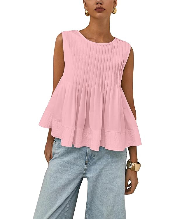 Women's Summer Babydoll Ruffle Tank Tops Pleated Peplum Sleeveless Blouse Round Neck Y2K Shirt | Amazon (US)