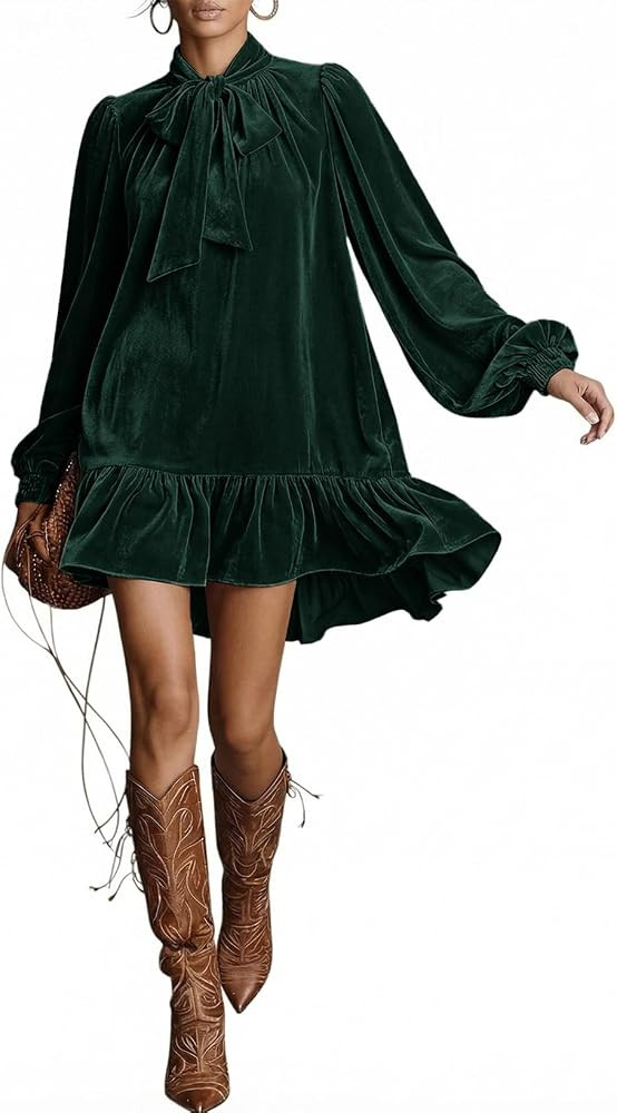 Dokotoo Women Long Sleeve Casual Mini Bow Tie Velvet Dress 2026 with Pocket | Amazon (US)