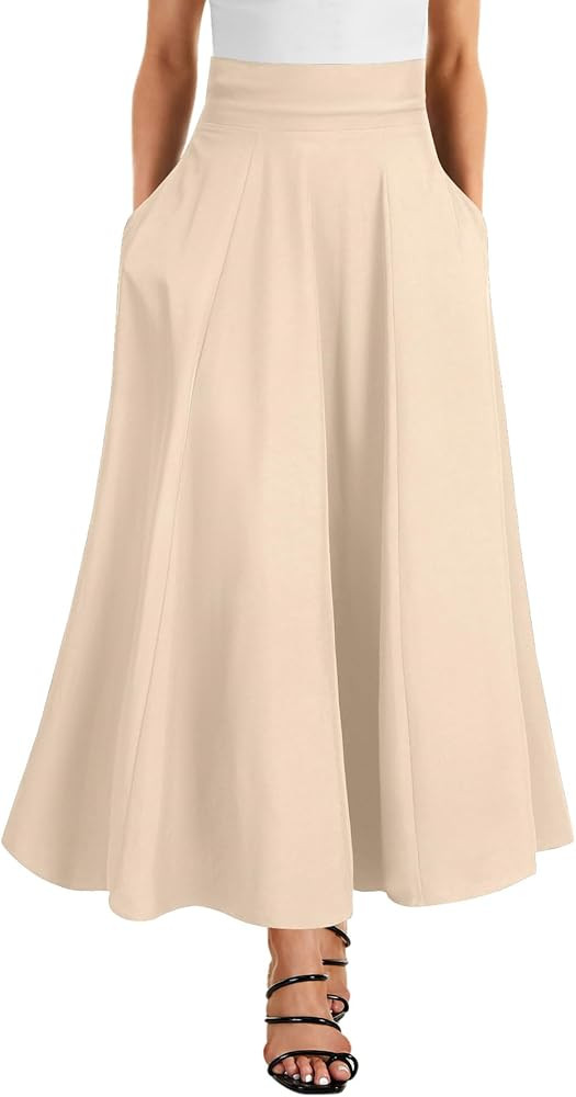 Amazon.com: Rooscier Women's Elastic High Waist Tie Knot Back A-Line Flared with Pockets Long Ski... | Amazon (US)