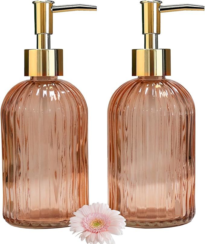 Glass Soap Dispenser with Gold Plastic Pump, 13.5oz Refillable Liquid Hand Soap Dispenser, 2 Pack... | Amazon (US)