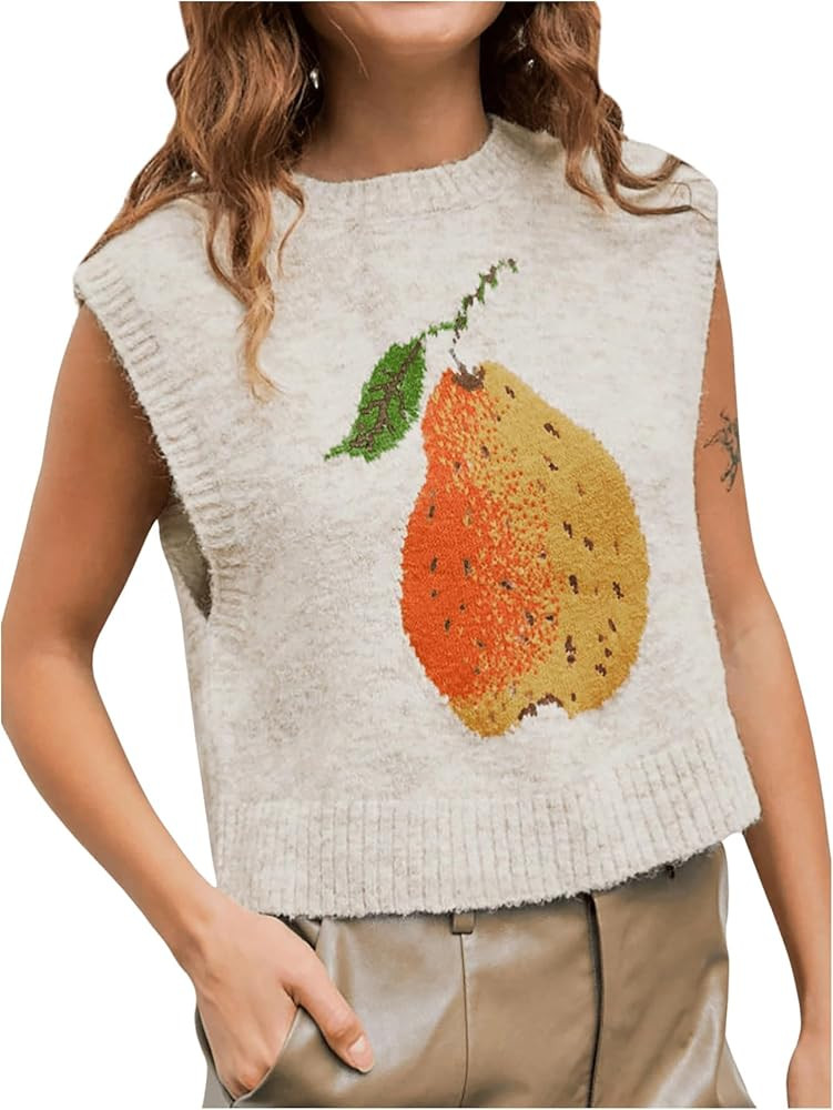 WDIRARA Women's Pear Graphic Crewneck Sweater Vests Sleeveless Crop Knitted Tops | Amazon (US)