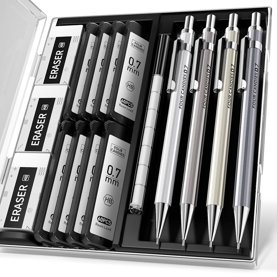 Four Candies 0.7mm Mechanical Pencil Set with Case - 4PCS Metal Mechanical Pencils, 8 Tubes HB #2... | Amazon (US)