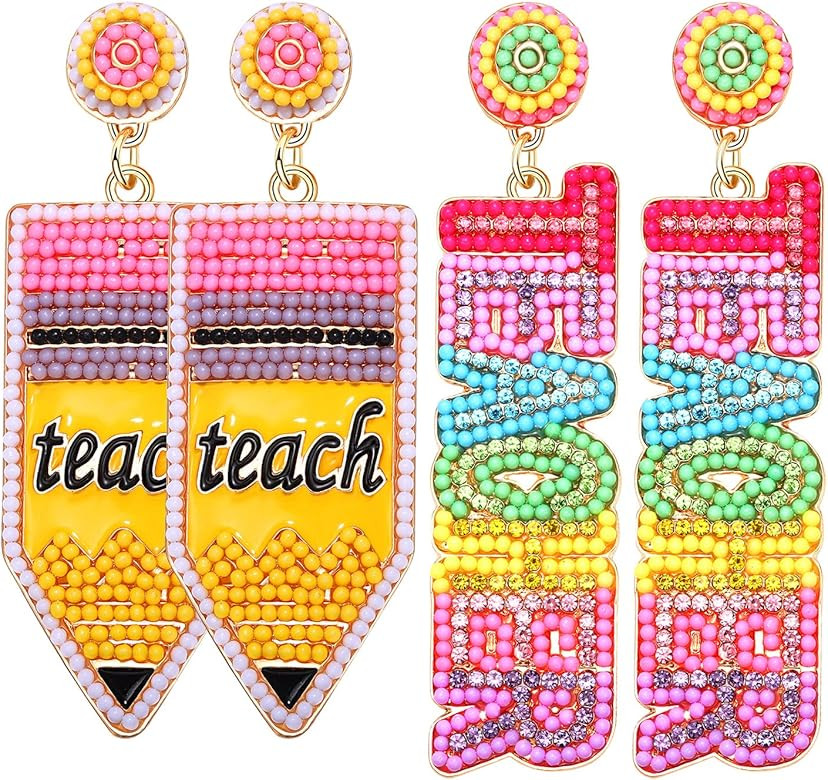 2/3 Pairs Pencil Earrings Teacher Earrings for Women Rhinestone Beaded Dangle Drop Earrings Color... | Amazon (US)