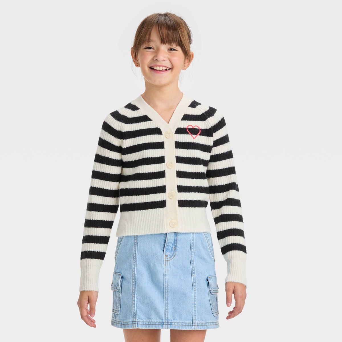 Girls' V-Neck Button-Front Striped Cardigan Sweater - Cat & Jack™ Black/White M | Target