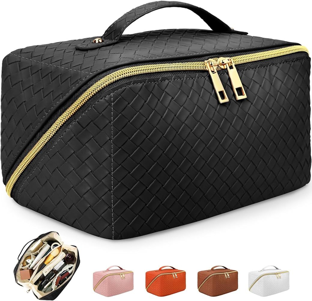 AURUZA Large Capacity Makeup Bag, Travel Cosmetic Bag With Handle and Divider Flat Lay Organizer ... | Amazon (US)