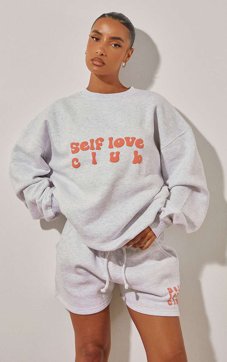 Ash Grey Self Love Club Puff Oversized Sweatshirt | PrettyLittleThing US