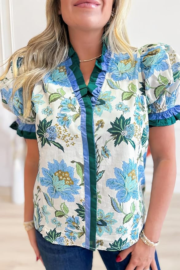 Womens Ruffle Trim Floral Blouse Short Puff Sleeve V Neck Button Down Shirts Top | Amazon (US)