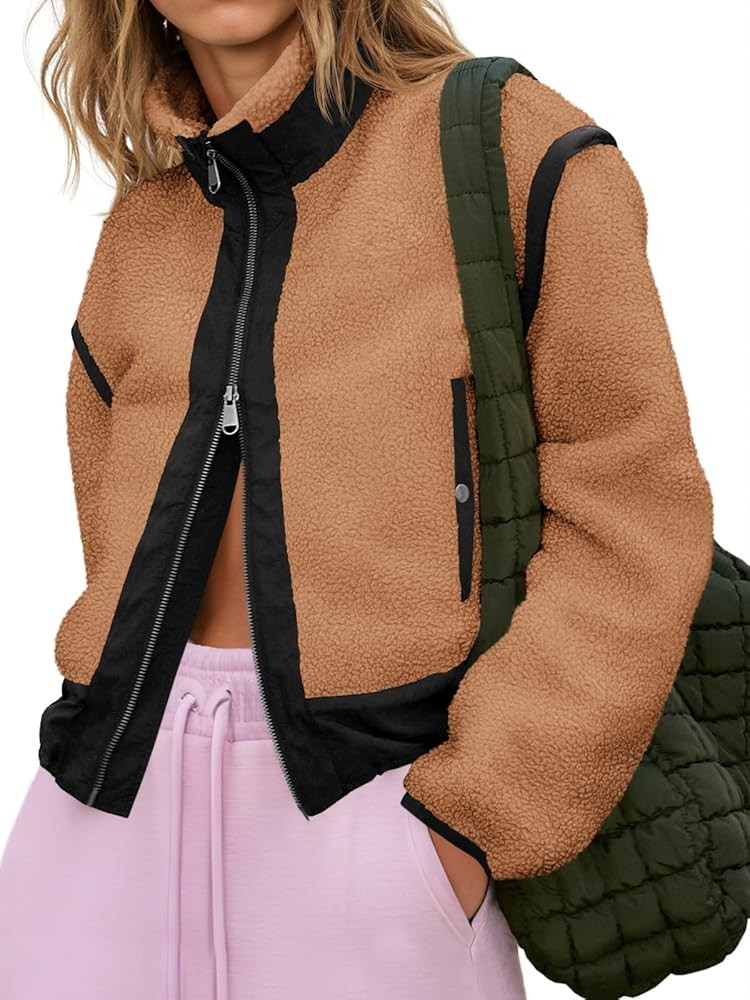 Tankaneo Womens Cropped Zip Up Fleece Jacket Stand Collar Fuzzy Sherpa Coat Winter Color Block Te... | Amazon (US)