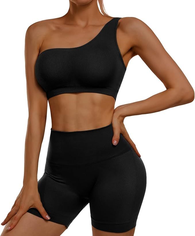 Sportneer Workout Set Women 2 Piece One Shoulder Bra Top and High Waist Shorts | Amazon (US)