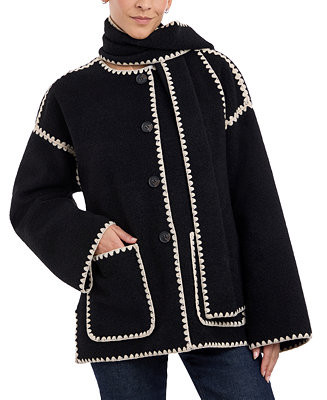 Women's Contrast-Trim Coat & Scarf | Macy's