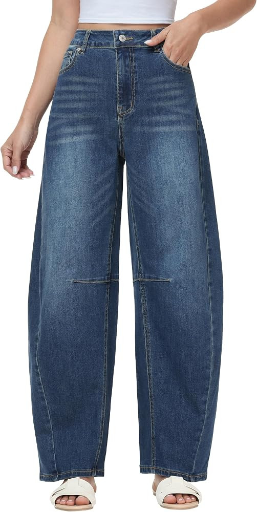 Women's Barrel Jeans Baggy Denim Pants     Stretch Denim Fabric, High Waisted, Barrel Wide Leg Cu... | Amazon (US)