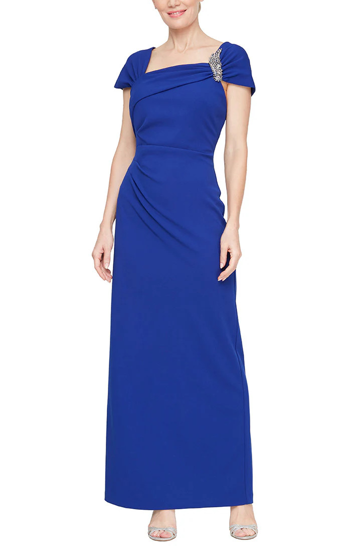 Long Cap Sleeve Crepe Dress With Embellished Asymmetric Neckline | Alex Evenings