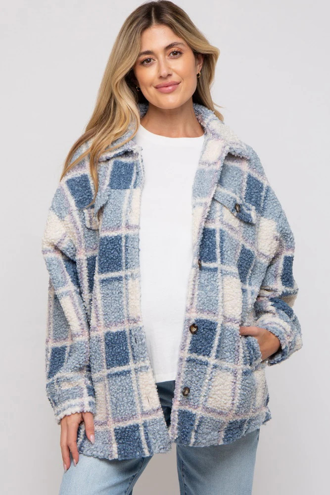 Blue Plaid Sherpa Maternity Jacket | PinkBlush Maternity