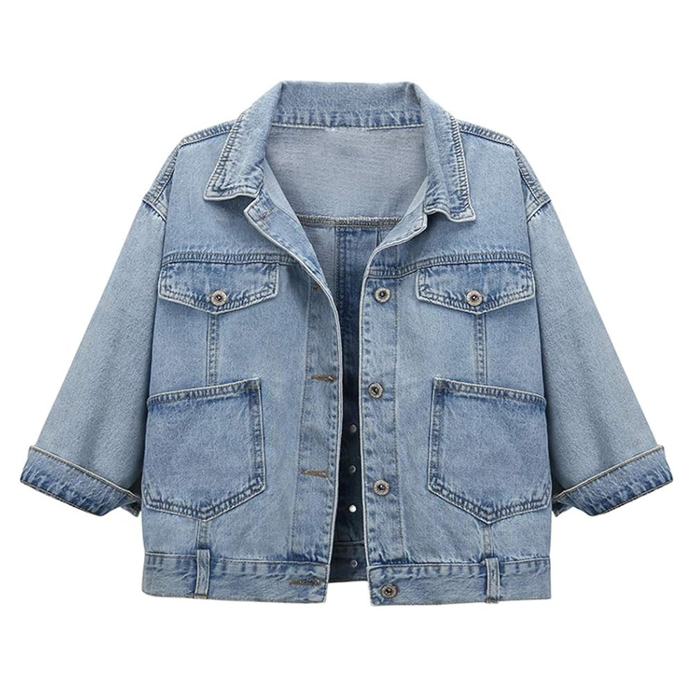 Hixiaohe Women Autumn 3/4 Sleeve Retro Short Denim Jackets Light Blue Jean Coats | Amazon (US)