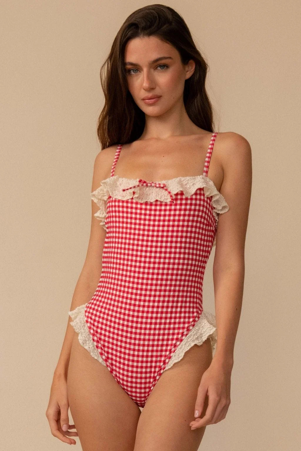 Red Micro Gingham Jacelyn Ruffle One-Piece | Montce