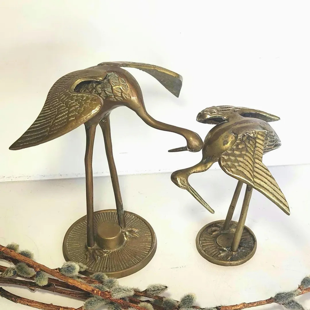 Pair of Brass Vintage Cranes MCM, Vintage Stork Figurines Set of 2, Brass Shore Birds, Posing Bir... | Etsy (US)