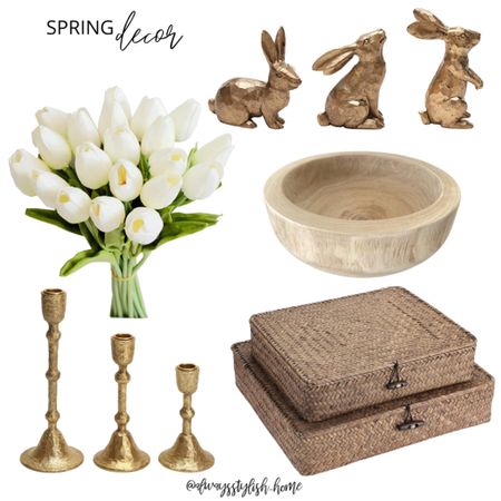 Spring decor, gold bunnies, rattan storage boxes, white tulips, gold candlesticks, wood bowl, home decor, Easter 

#LTKFind #LTKSeasonal #LTKhome