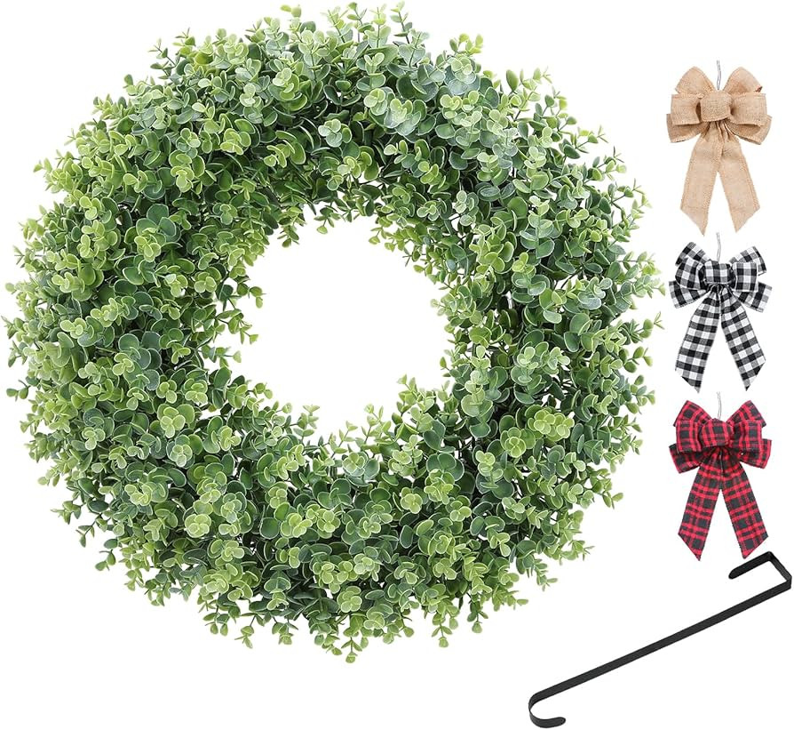 KuiMen Interchangeable Seasonal Wreath Artificial Boxwood Wreath for Front Door 22" Green Wreaths... | Amazon (US)