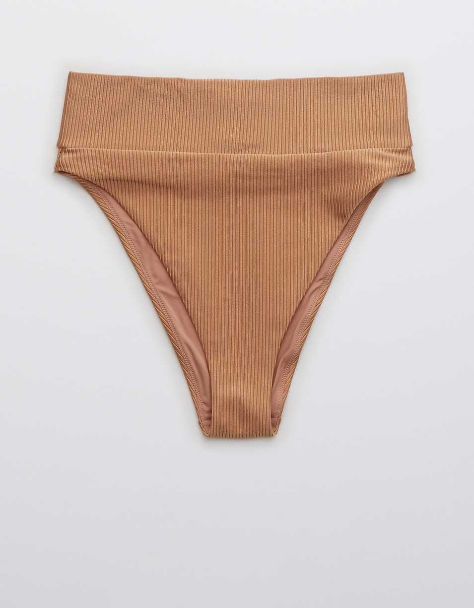 Aerie Ribbed Shine High Cut Cheeky Bikini Bottom | American Eagle Outfitters (US & CA)