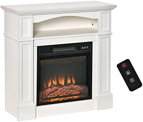 HOMCOM 32" Electric Fireplace with Mantel, Freestanding Heater with LED Log Flame, Shelf and Remo... | Amazon (US)