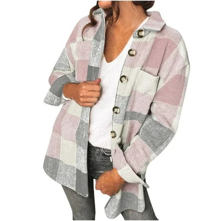 Jalioing Outwears for Women Flannel Long Sleeve Plaid Colorblocked Single-Breasted Button Lapel Coats (Large Pink) | Walmart (US)