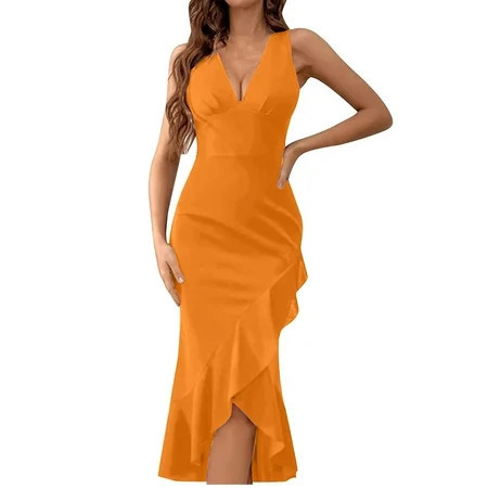 Drses Women s Dresses Women Sexy V Neck Front Slit Ruched Ruffle Mermaid Midi Party Dress | Walmart (US)