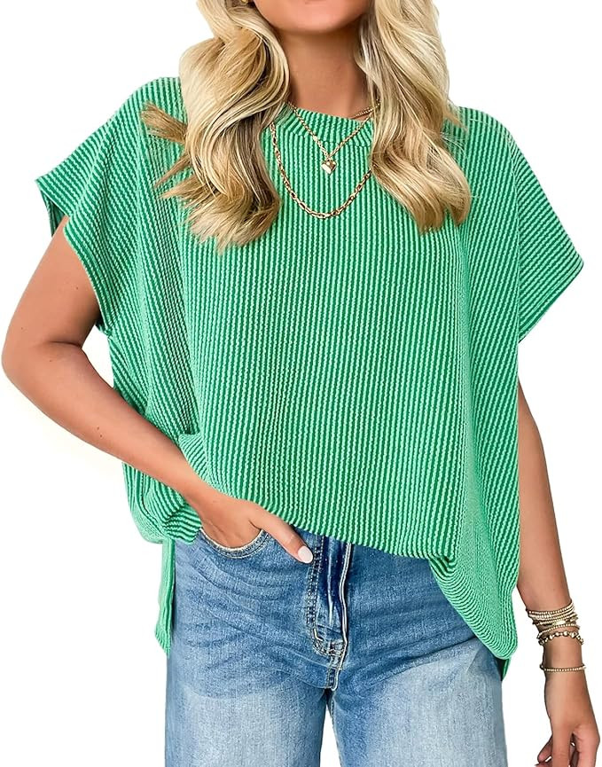 Womens Summer Oversized Tshirts Ribbed Short Cap Sleeve Tops Side Split Tees Loose Fit Dressy Cas... | Amazon (US)
