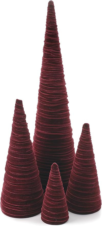 Set of 4 Burgundy Velvet Cones, Winter Mantel Decor, Luxurious Handmade Home Accent, Tabletop Tre... | Amazon (US)
