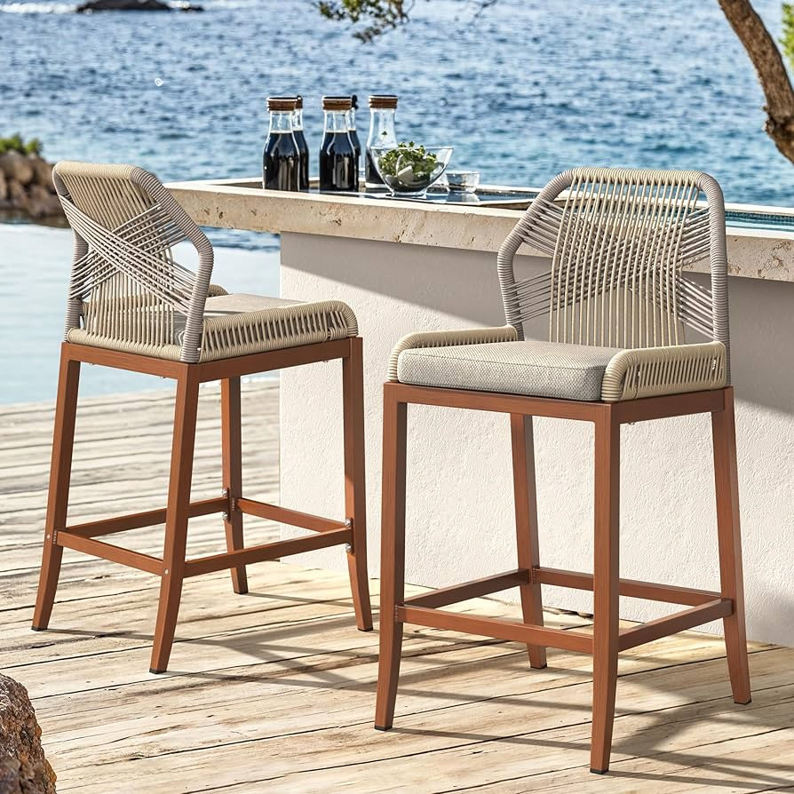 Rattan Counter Height Bar Stools Set of 2, 27.5" H Boho Woven Rope Back Outdoor Barstools with Al... | Amazon (US)