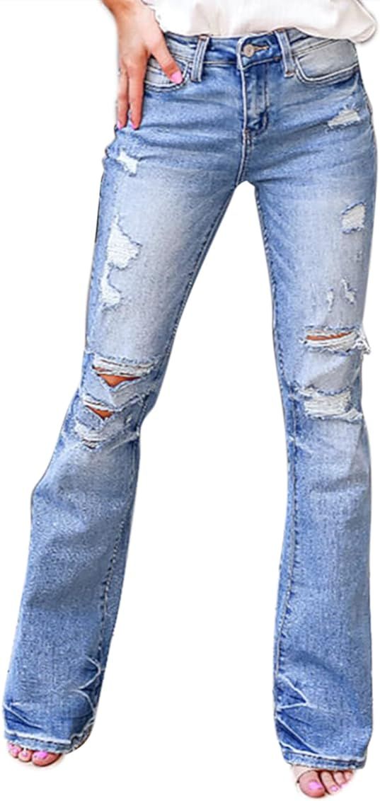 Dokotoo Women's Destroyed Ripped Flare Jeans Mid Rise Fitted Denim Pants | Amazon (US)