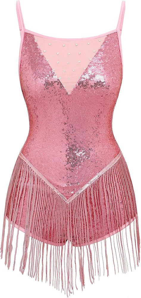 IBAKOM Women Fringe Sequins Bodysuit Latin Jazz Dance Dress Sparkly Tassel Rave Outfits Acrobat C... | Amazon (US)