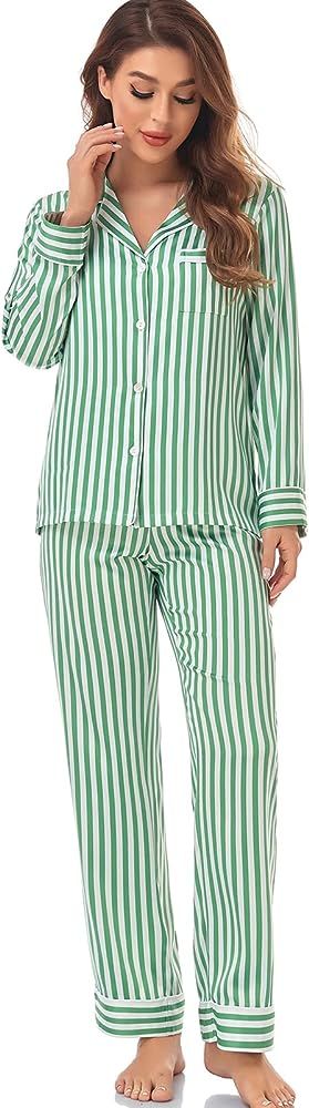 Serenedelicacy Women's Satin Pajama Set Long Sleeve Button Down Sleepwear 2-Piece Striped Silky Pj S | Amazon (US)