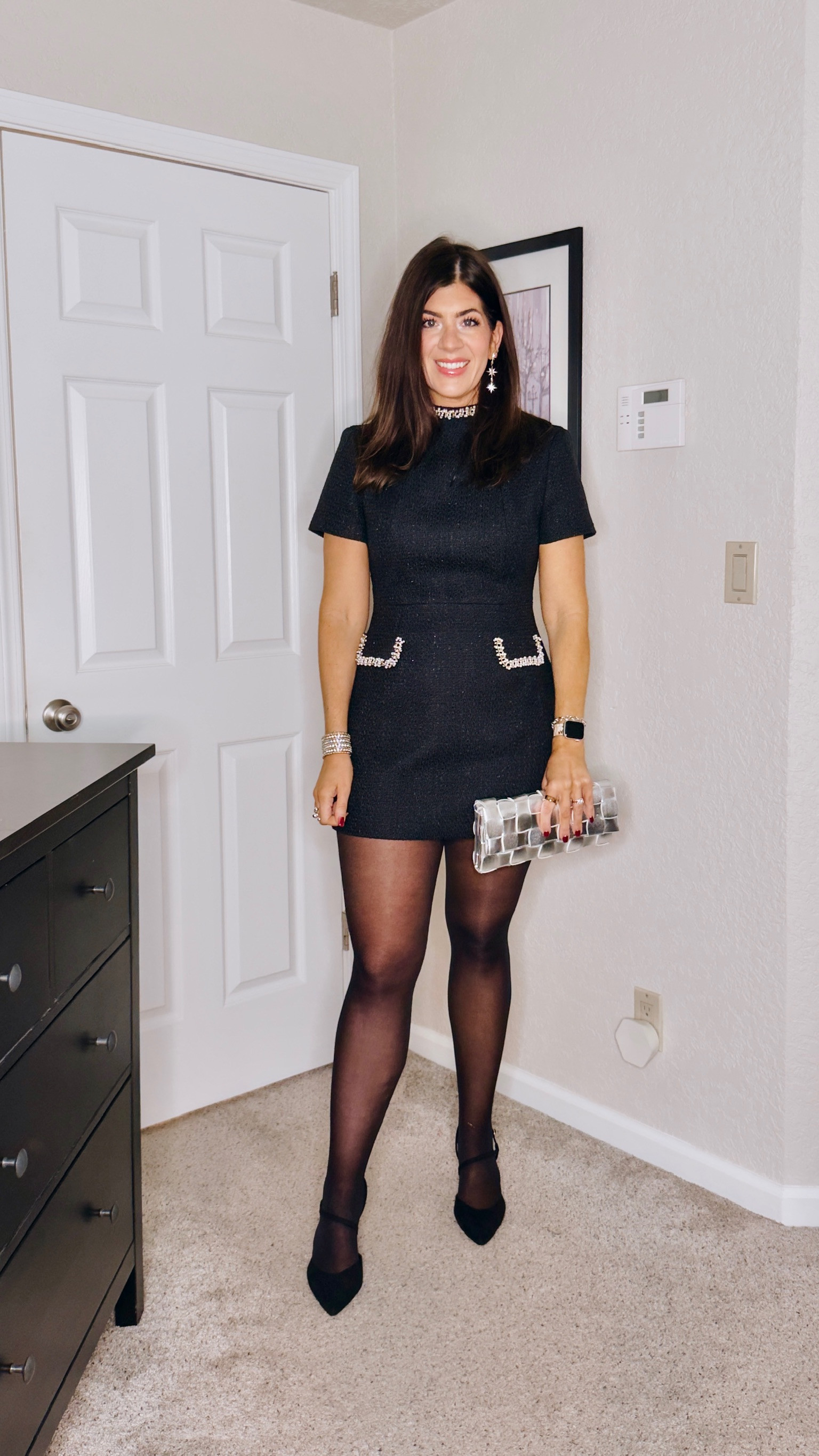 In a large black embellished cocktail dress
10 in satin heels
Medium tights

Holiday fashion, new years fashion, new years dress, holiday look, affordable fashion, midsize fashion, work dress, occasion dress

#LTKHoliday #LTKMidsize #LTKootd