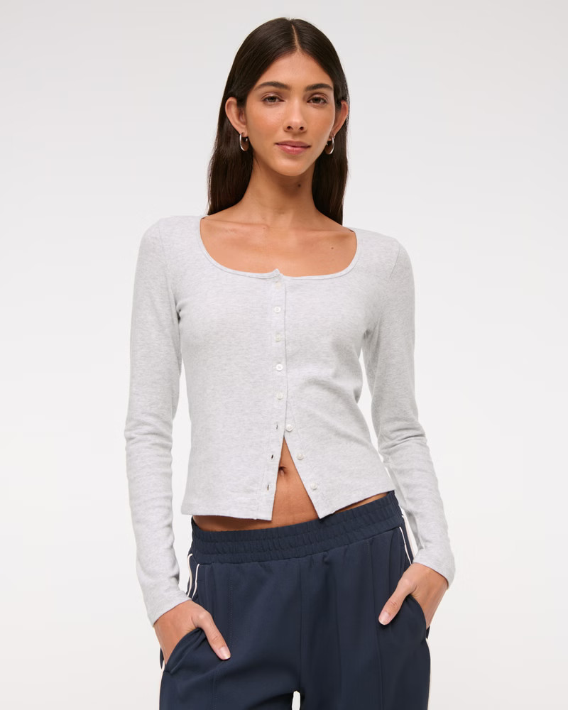 Long-Sleeve Cozy Lounge Knit Button-Through Top | Abercrombie & Fitch (US)