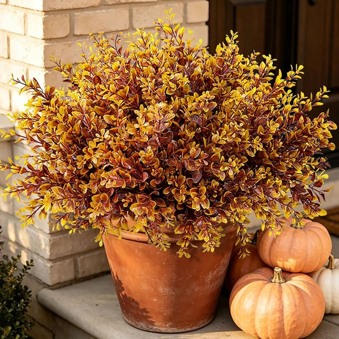 INQCMY Fake Fall Plants Artificial Brown Greenery Plastic Boxwood Shrubs | 8 Bundles UV Resistant... | Amazon (US)